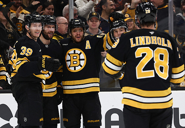 Pastrňák a Zacha bodovali u další výhry, slavili i Vejmelka s Dostálem